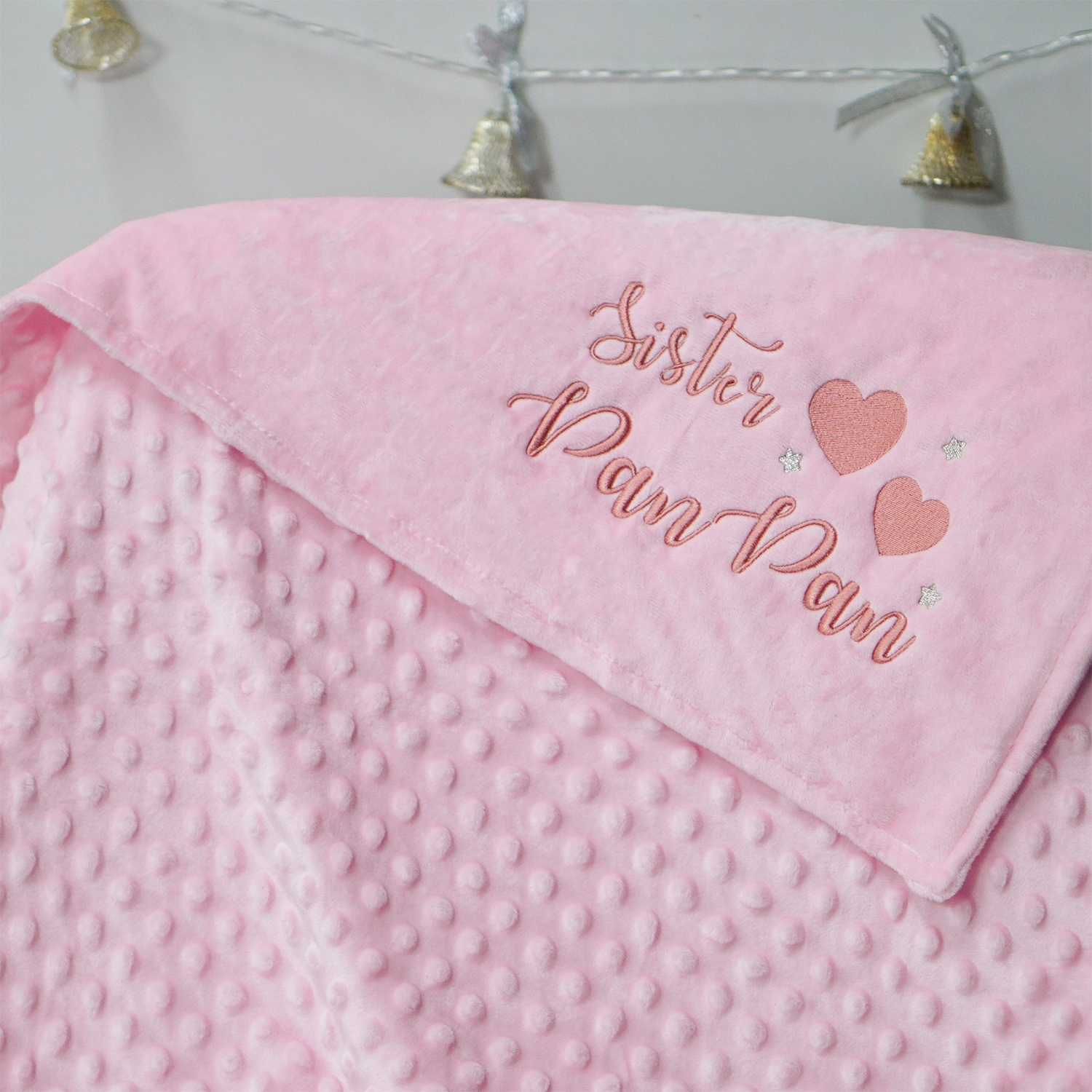 ผ้าห่ม Minky - สีชมพู 75x100cm แบบปักชื่อ+icon - Hearts