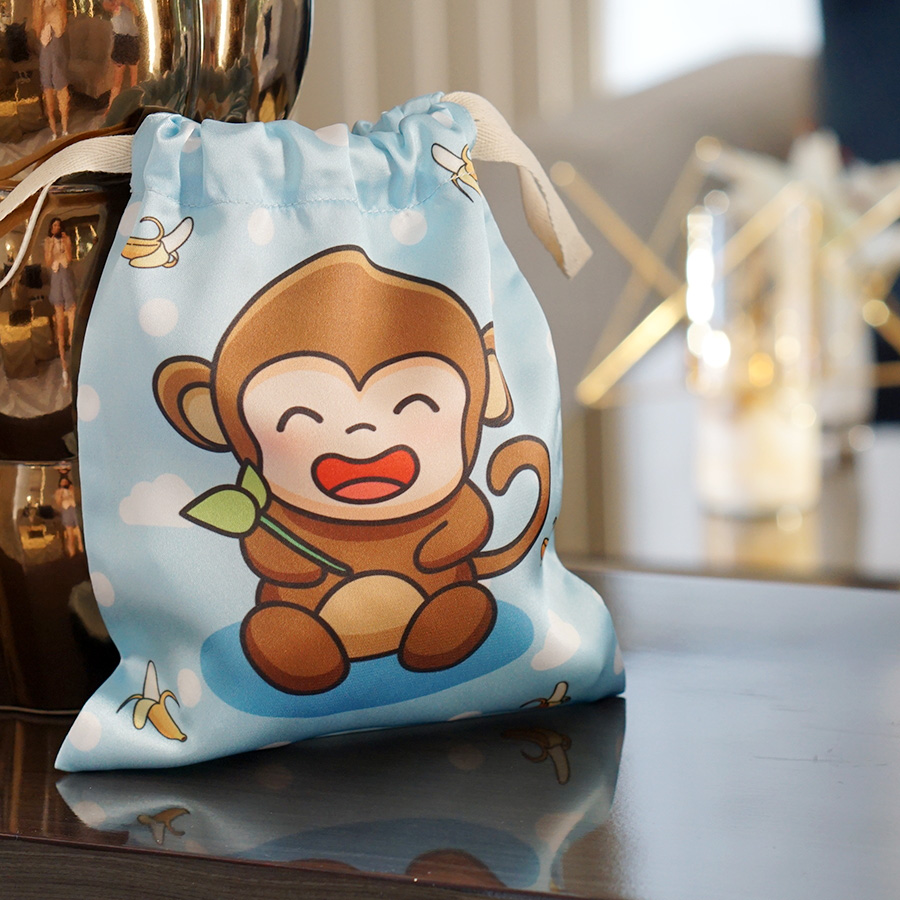 ถุงผ้าซาติน ลายลิงสีฟ้า - Monkey - Blue