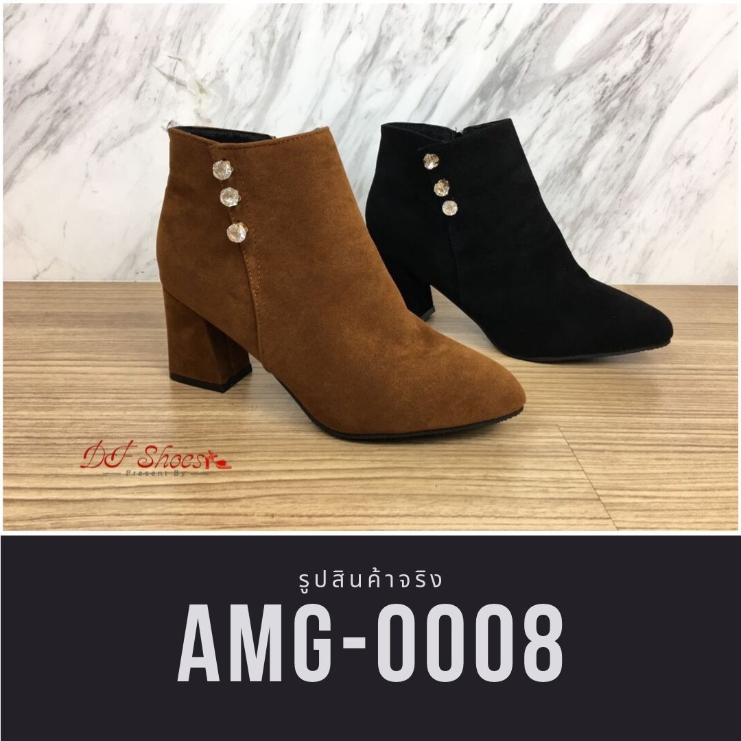 รองเท้าบูทส้นตันทรงหัวแหลมแต่งคริสตัล (สีน้ำตาล)