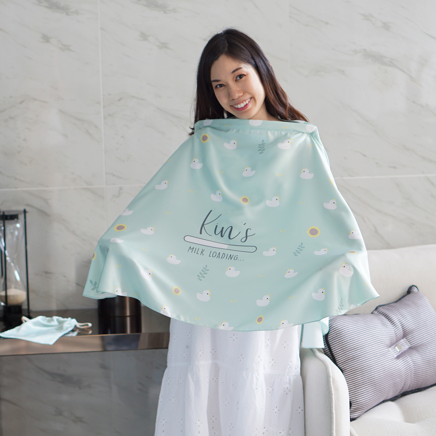 ผ้าคลุมให้นม สั่งทำใส่ชือ ลาย Pattern - Duck - Mint