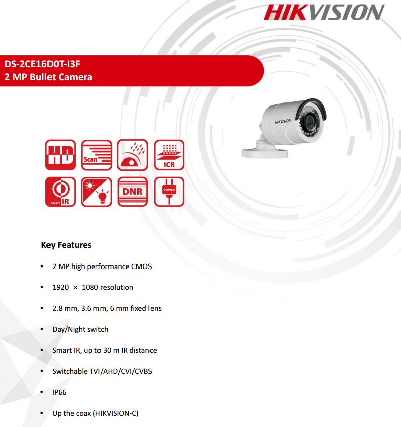 ขายถูก HIKVISION Turbo HD รุ่น DS-2CE16D0T-I3F ความละเอียด 2 ล้านพิกเซล