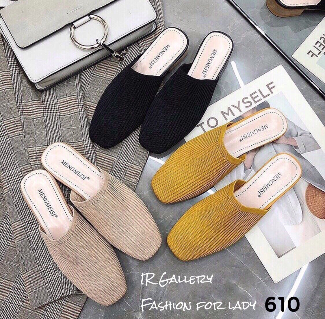 รองเท้าแตะผ้าทอทรงสลิปเปอร์ (สีเหลือง)