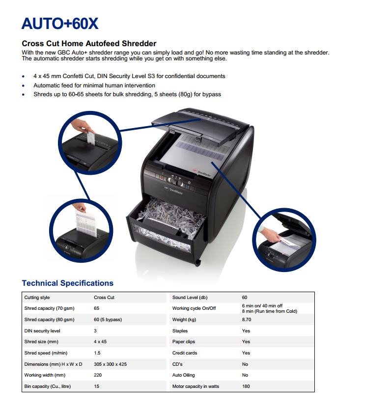 GBC เครื่องทำลายเอกสาร รุ่น #AUTO+60X ตัดซอยชิ้นเล็ก
