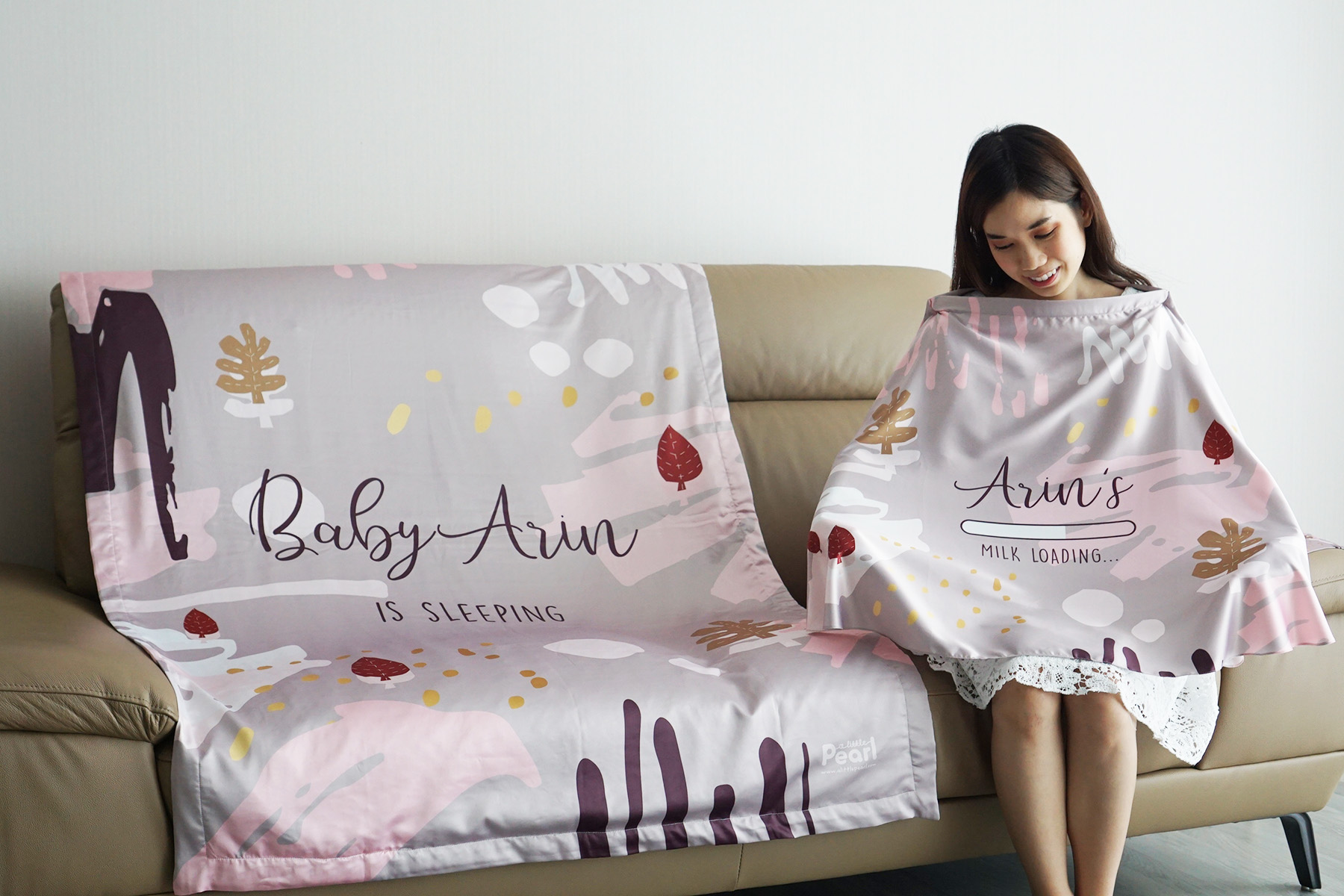 ชุดของขวัญเด็กแรกเกิด ผ้าคลุมให้นม + ผ้าห่มขนาด 100x150cm ลาย Paint Brush - Taupe