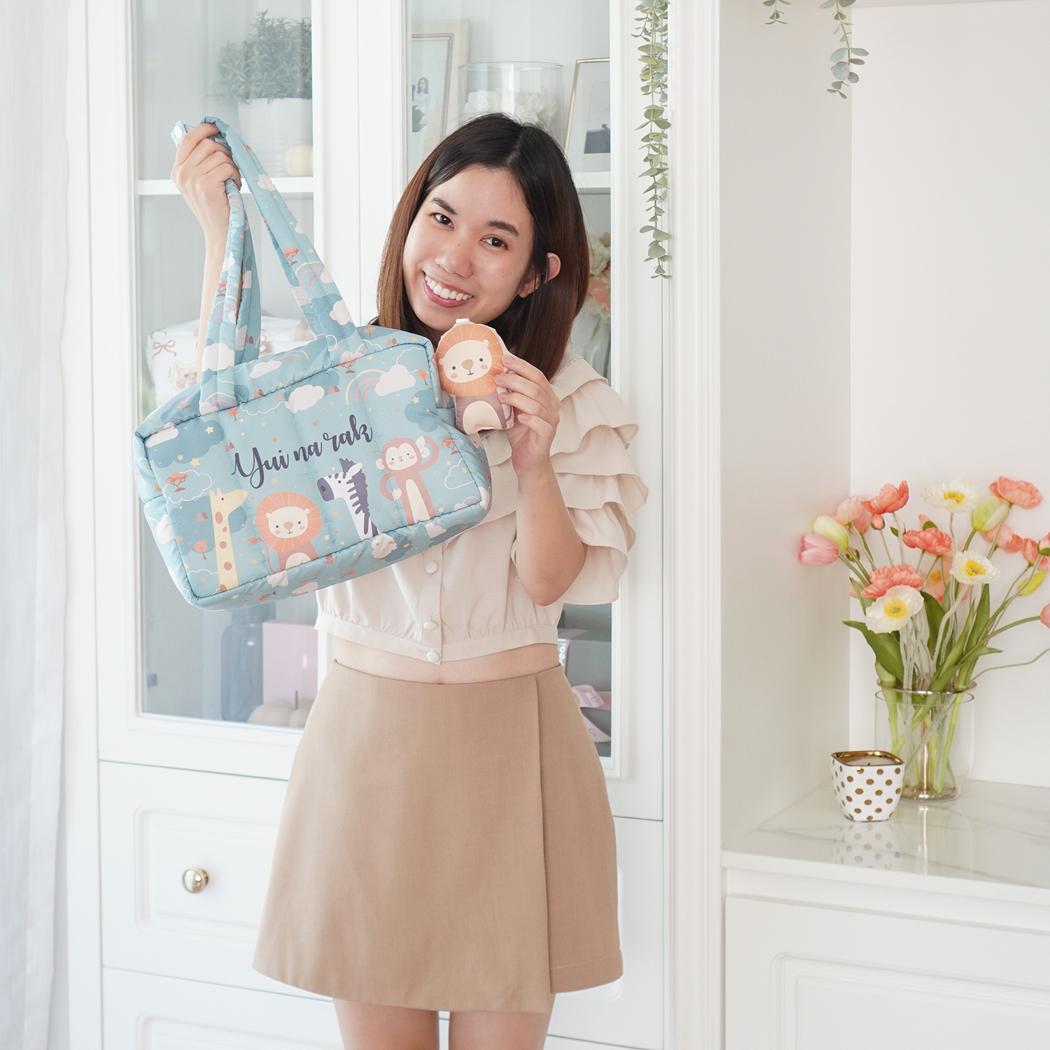 Fluffy Bowling Bag กระเป๋านุ่มนิ่ม ทรง Bowling สั่งทำใส่ข้อความ ลาย Safari - Green