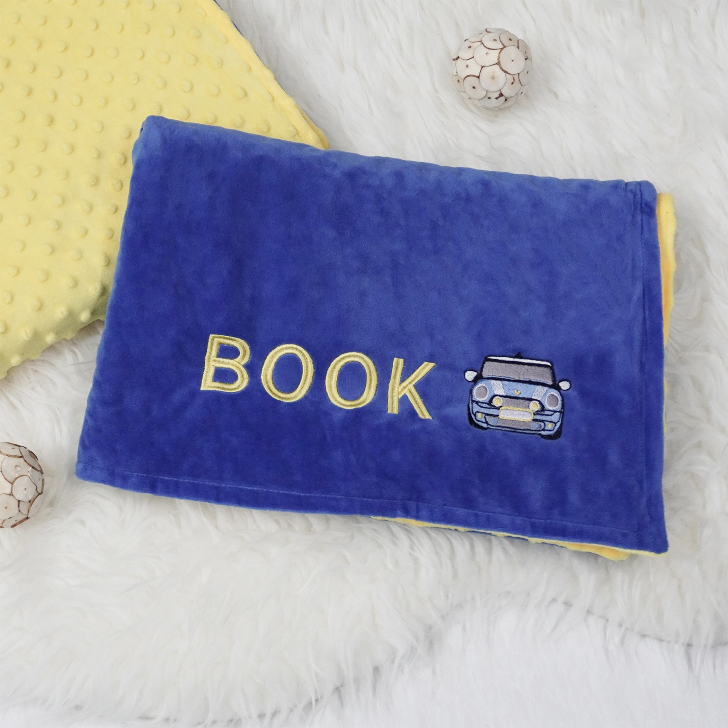 ผ้าห่ม Minky - สี Lemon-Navy 75x100cm แบบปักชื่อ+การ์ตูน - Mini