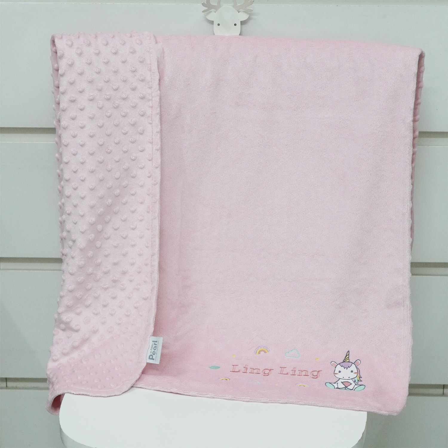 ผ้าห่ม Minky - สีชมพู 75x100cm แบบปักชื่อ+การ์ตูน - Unicorn