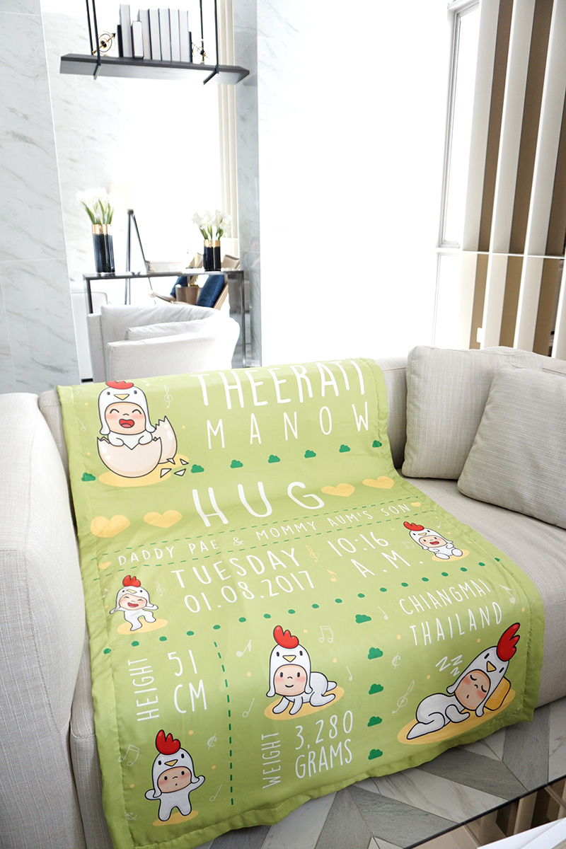 ผ้าห่ม ใส่ประวัติแรกเกิด ลายกุ๊กไก่ สี Lime ไซส์ใหญ่ 100x150cm