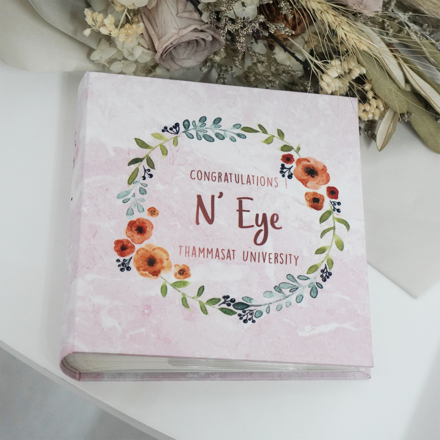 อัลบั้มสั่งทำใส่ชื่อ ลายหินอ่อนสีชมพู - Pink Marble - Watercolour Floral Frame