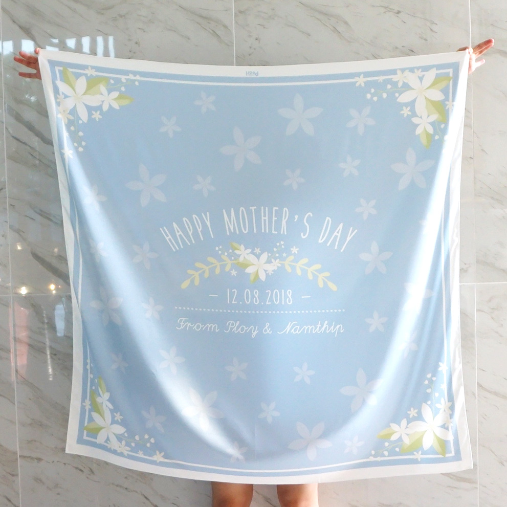 ผ้าพันคอ ลาย Jasmine - Bow - Blue สั่งทำใส่ชื่อ