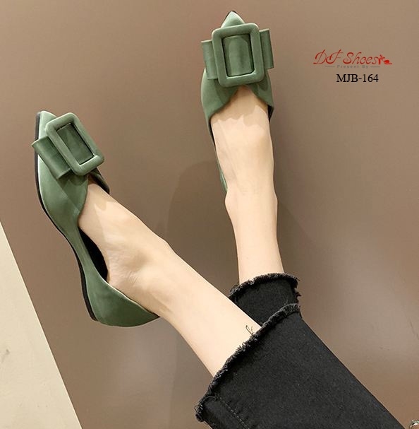 รองเท้าคัทชูส้นแบนแต่งโบว์เข็มขัด (สีเขียว)