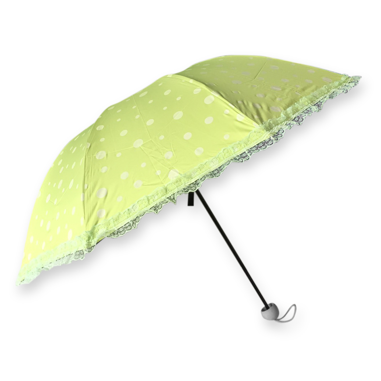 ร่มโค้งแฟชั่นลายจุดโดนแสงเปลียนสีได้ไม้มีระบายยูวีสีดำ