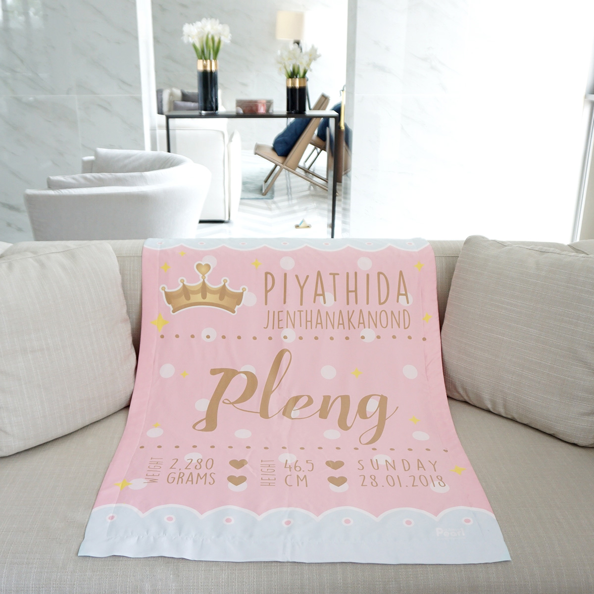 ผ้าห่มเด็ก ใส่ประวัติแรกเกิด ลายเจ้าหญิง สีชมพู / Princess - Pink