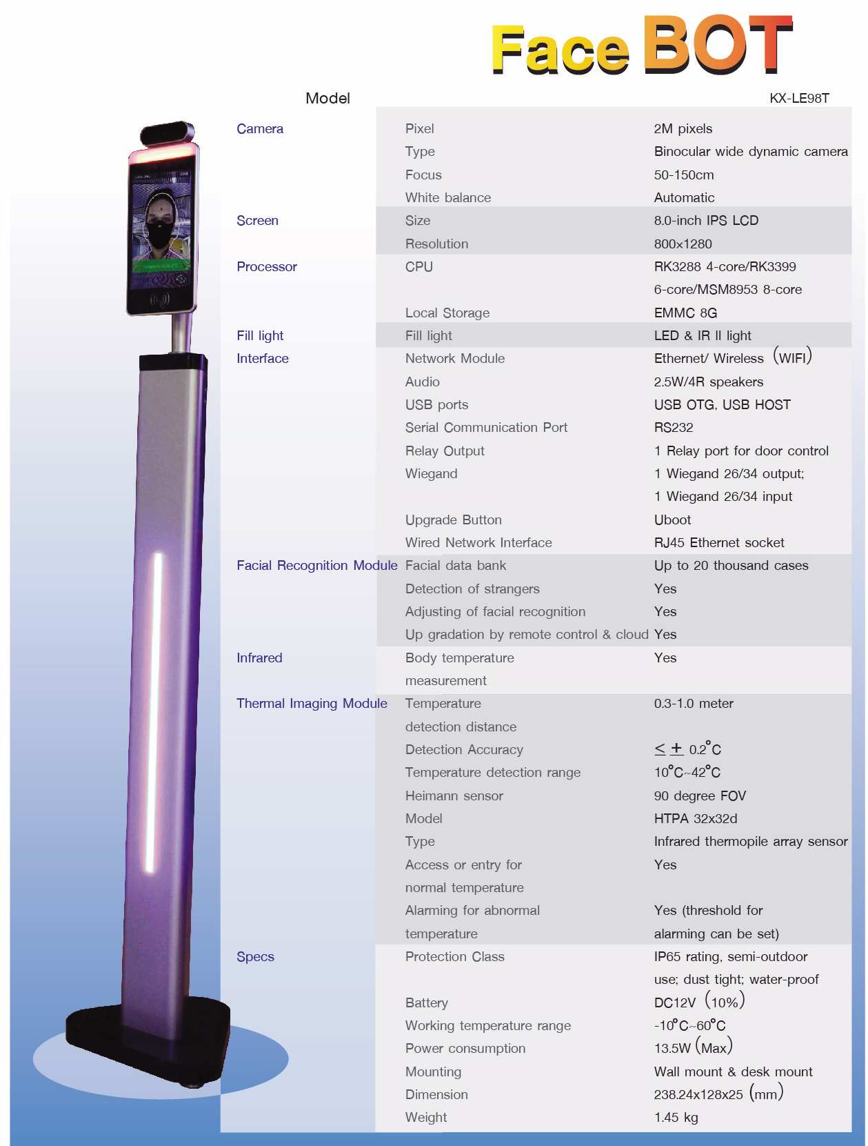 ขายถูก FaceBOT (KX-LE98T) เครื่องสแกนใบหน้า+พร้อม ตรวจวัดอุณภูมิร่างกาย (ใช้คัดกรองผู้ป่วย Covid-19)