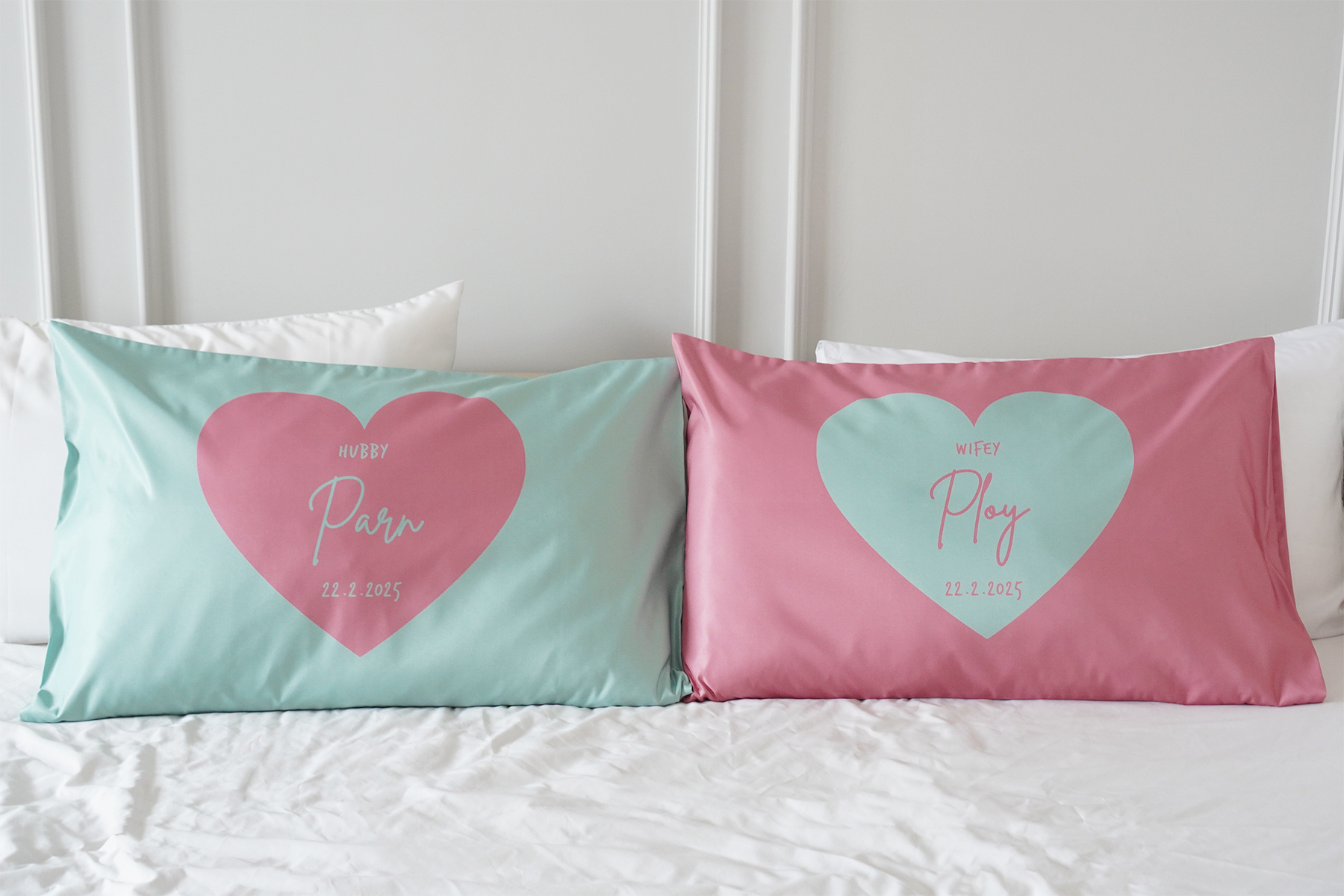 ปลอกหมอนหนุนคู่ พิมพ์ลายเต็มผืน Heart - Pink & Mint