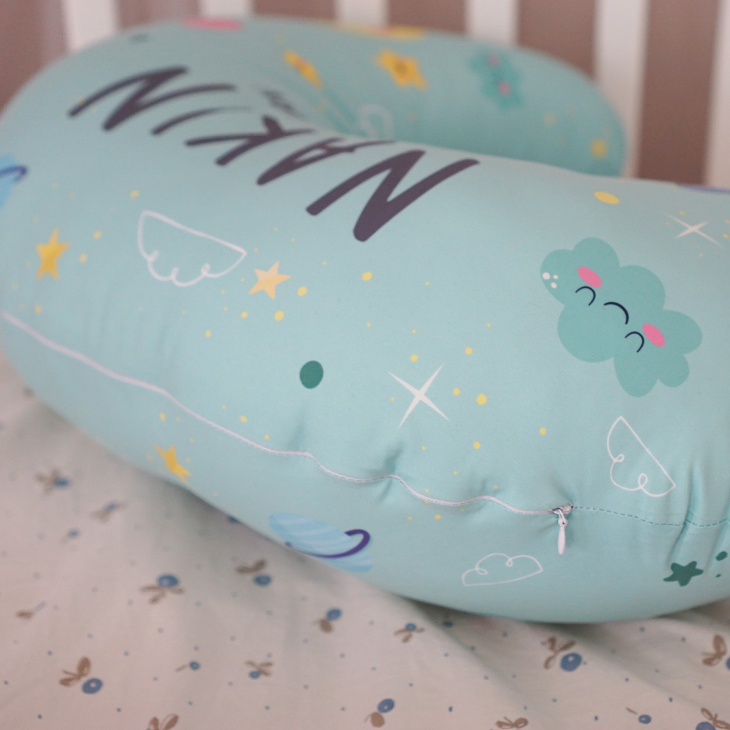 หมอนรองให้นม สั่งทำใส่ชื่อ ลาย Plane - Mint