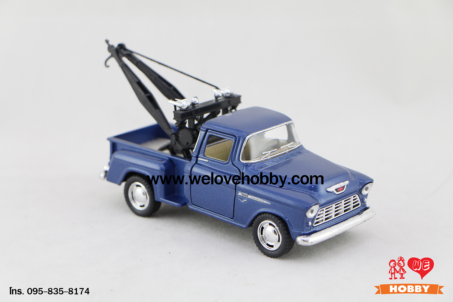 โมเดลรถกระบะคลาสสิค 1955 Chevrolet Chevy Stepside Pick-Up สีน้ำเงิน Scale 1:32 มีเซตอุปกรณ์รถยก รถลาก