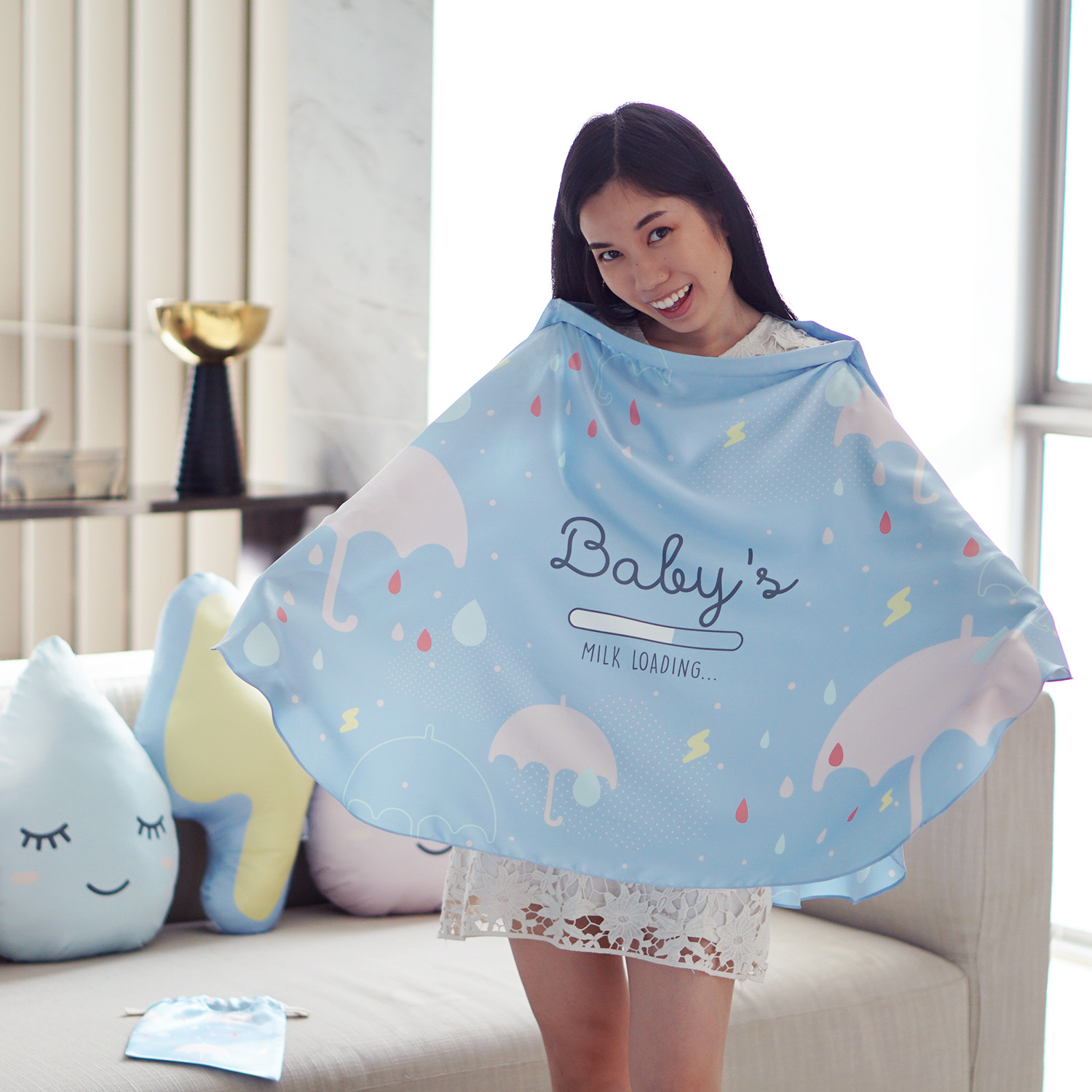ผ้าคลุมให้นม สั่งทำใส่ชือ ลาย Raindrops - Blue