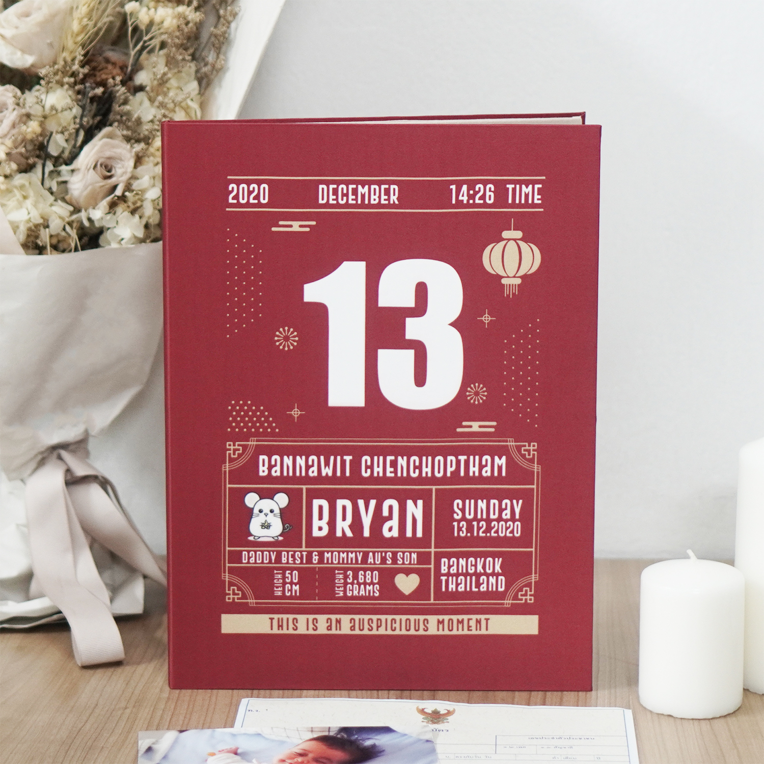 แฟ้มทะเบียนสมรส/สูติบัตร สั่งทำใส่ข้อความ ลาย Chinese Calendar - Mini Mouse - Red