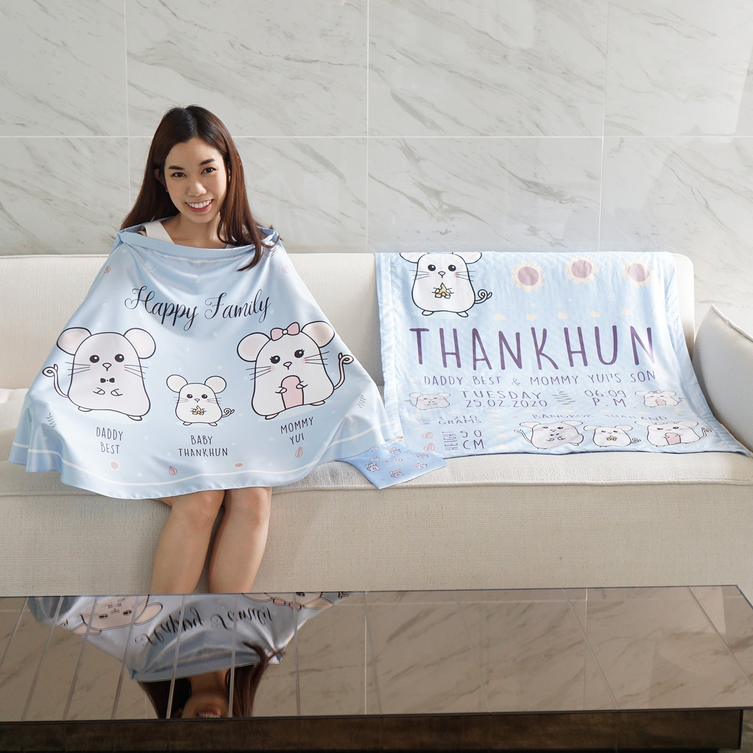 ชุดของขวัญเด็กแรกเกิด ผ้าคลุมให้นม + ผ้าห่มขนาด 75x100cm ลาย Mini Mouse - Indigo
