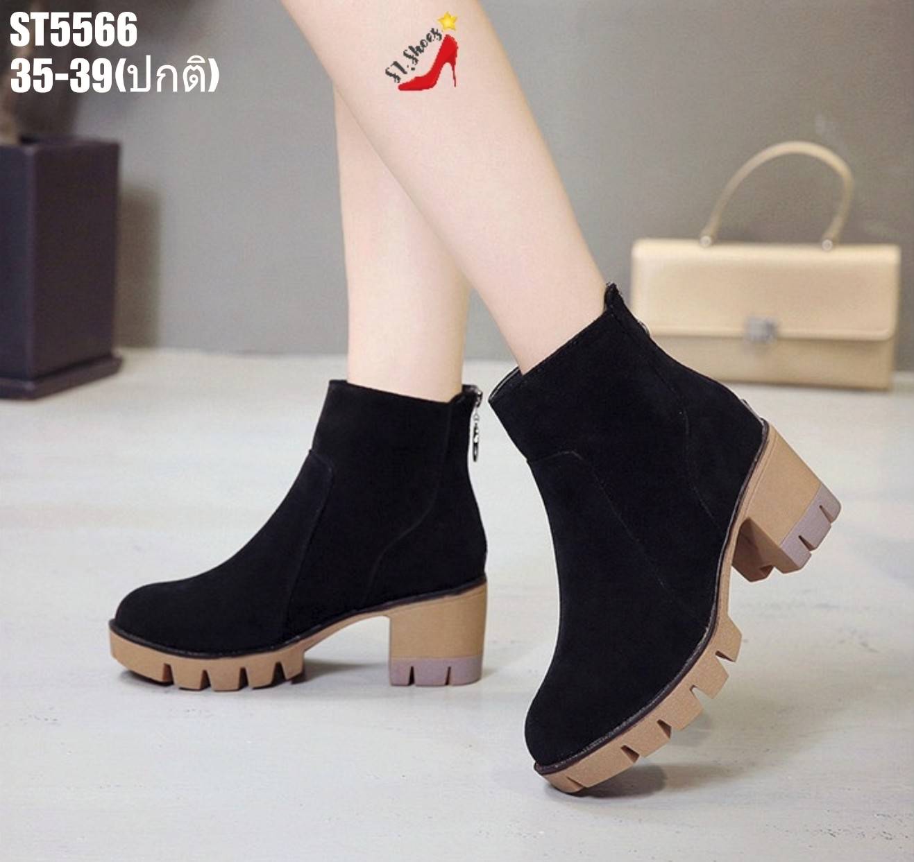รองเท้ามินิบูทเสริมส้นแต่งซิปหลัง (สีดำ)