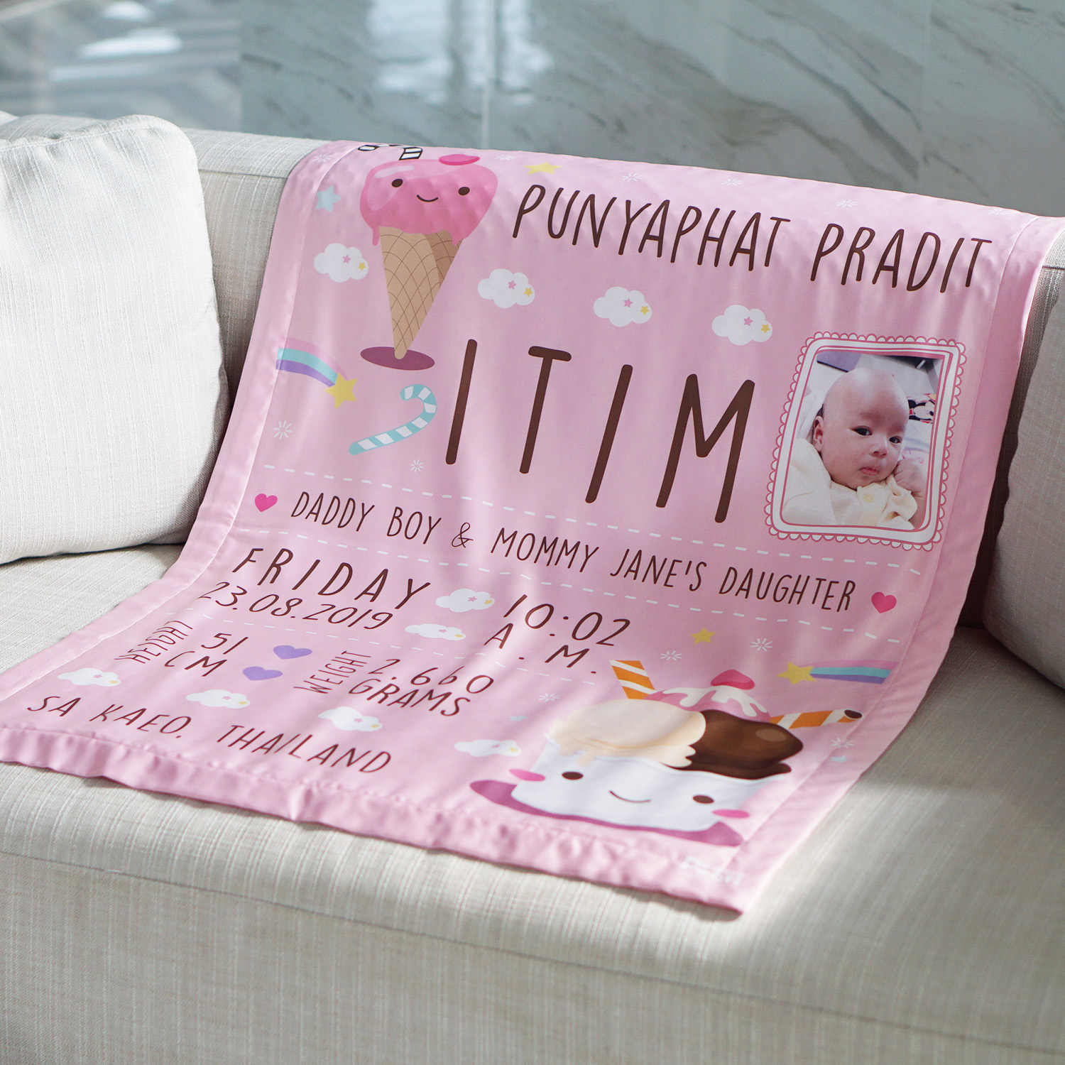 ผ้าห่มสั่งทำใส่ประวัติแรกเกิด ลายไอศกรีม - Ice-cream - Pink + ใส่รูปถ่าย