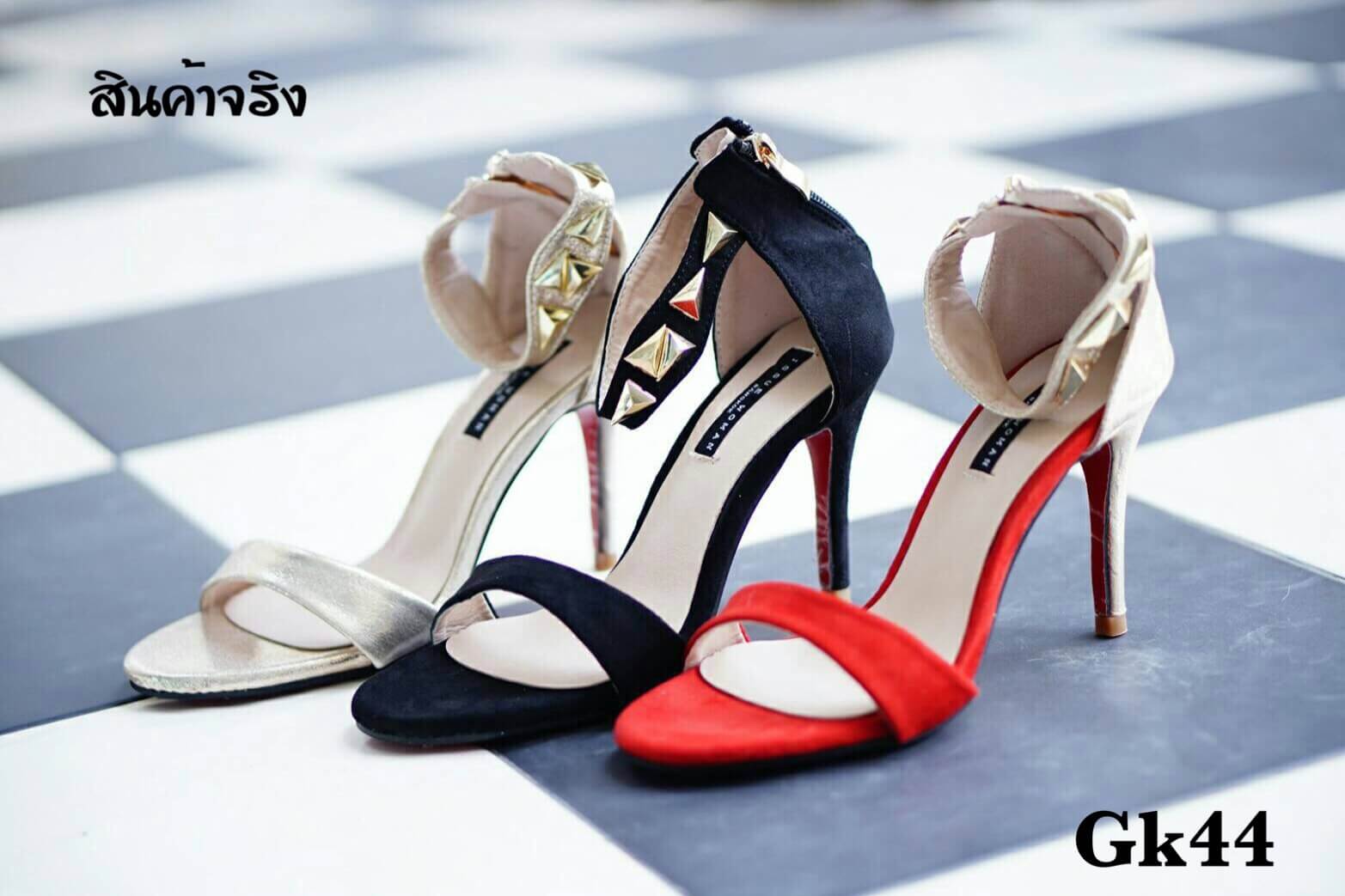 รองเท้าส้นเข็มรัดข้อแต่งอะไหล่ (สีทอง)