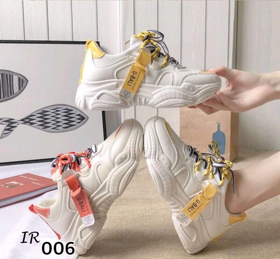 รองเท้าผ้าใยทรงSportแต่งป้ายสี (สีเหลือง)