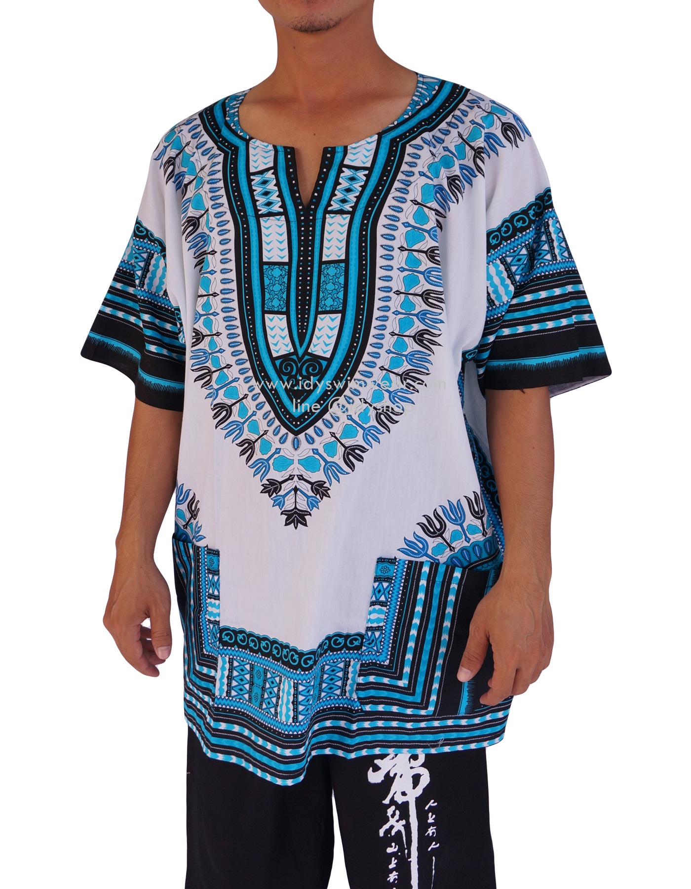 dashiki shirt เสื้อจังโก้ โบฮีเมียน เสื้อชนเผ่า เสื้อแอฟริกา เสื้อวินเทจ ผ้าcotton สี ขาวฟ้า