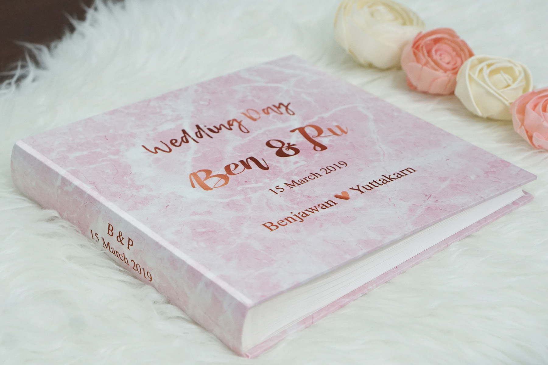 สมุดเซ็น สมุดอวยพร แบบสั่งทำใส่ชื่อ ลายหินอ่อนสีชมพู Pink Marble - Copper