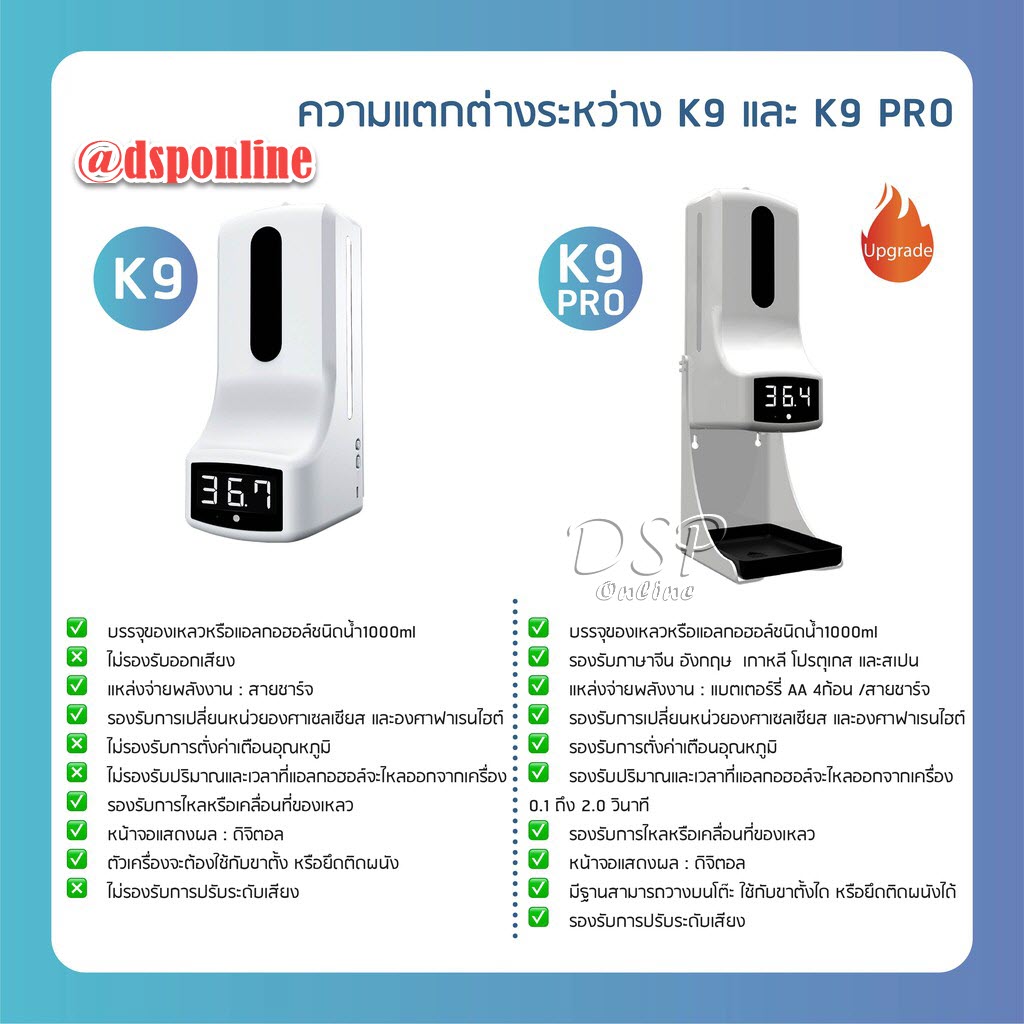 ขายถูก เครื่องจ่ายแอลกอฮอล์พร้อมที่วัดอุณหภูมิ เครื่องจ่ายแอลกอฮอล์อัตโนมัติ ( รุ่น K9 PRO ) แถมฟรี !!ขาตั้ง ประกันศูนย์ 1ปี