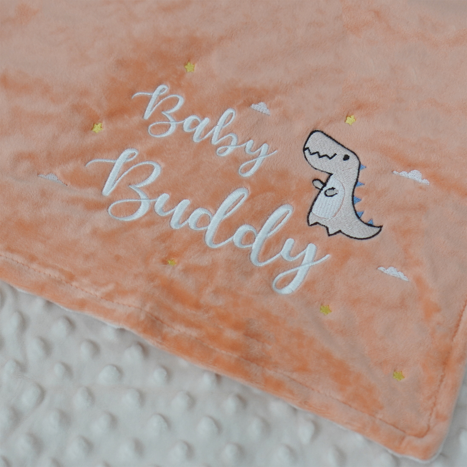 ผ้าห่ม Minky - สีพีช 75x100cm แบบปักชื่อ+การ์ตูน - Dinosaur