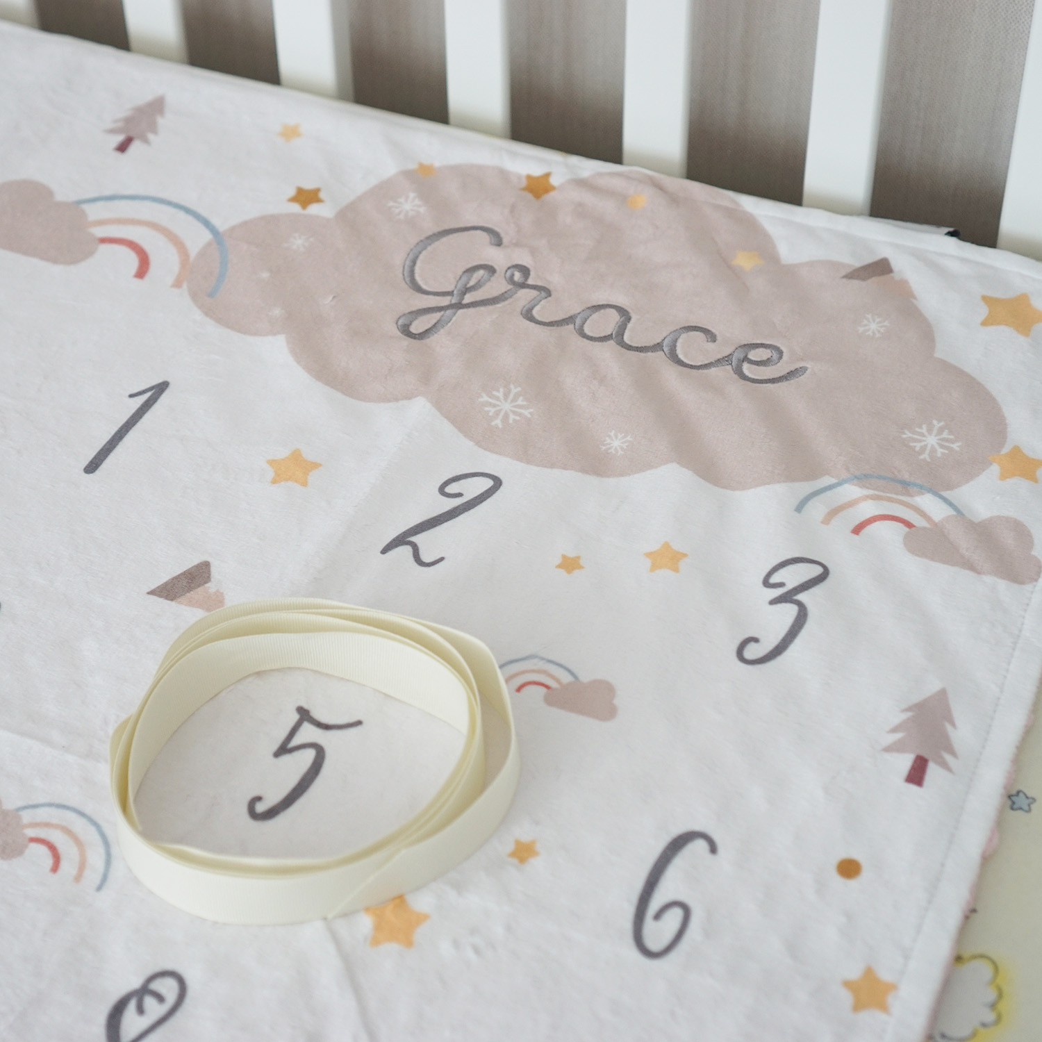 ผ้าห่ม Minky ลาย Woodland - Milestone 75x100cm แบบปักชื่อ ด้านหลังสีชมพู