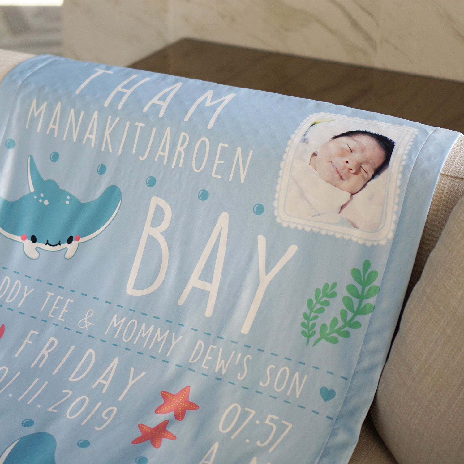 ผ้าห่มเด็ก ใส่ประวัติแรกเกิด ลายกระเบน - Mantaray - Mint + เพิ่มรูปถ่าย