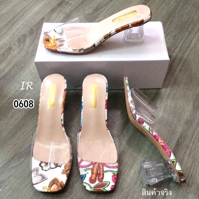 รองเท้าส้นแก้วเปิดส้นแต่งลาย (สีเหลือง)