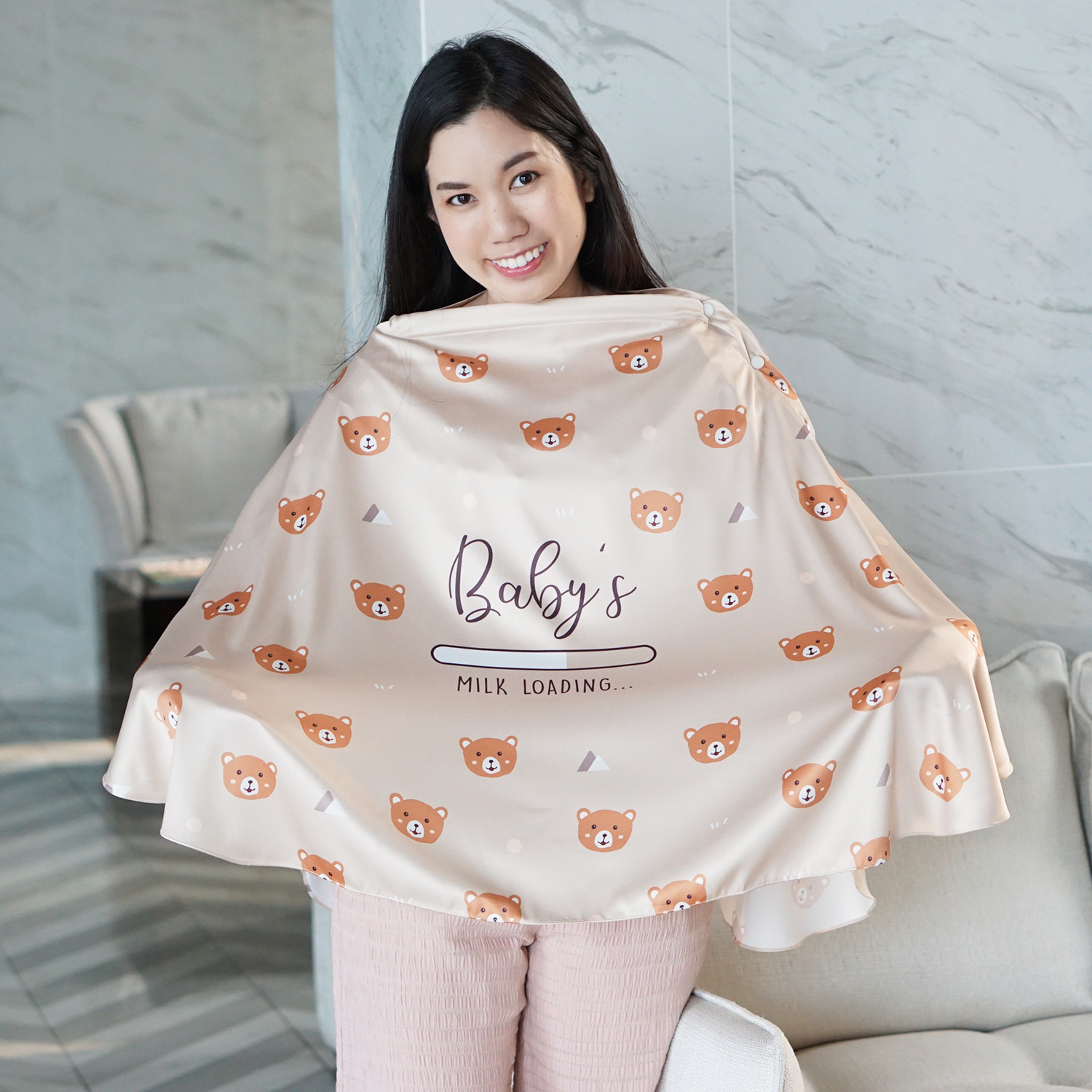 ผ้าคลุมให้นม 3in1 (รุ่นมีกระดุม ถอดโครงได้) แบบสั่งทำใส่ชื่อ ลาย Patttern - Teddy - Brown