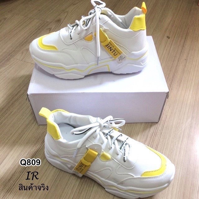 รองเท้าผ้าใบทรงSportแต่งป้ายแฟชั่น (สีเหลือง)