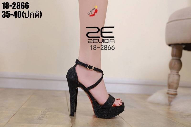รองเท้าส้นสูงกลิตเตอร์สายไขว้ (สีดำ)