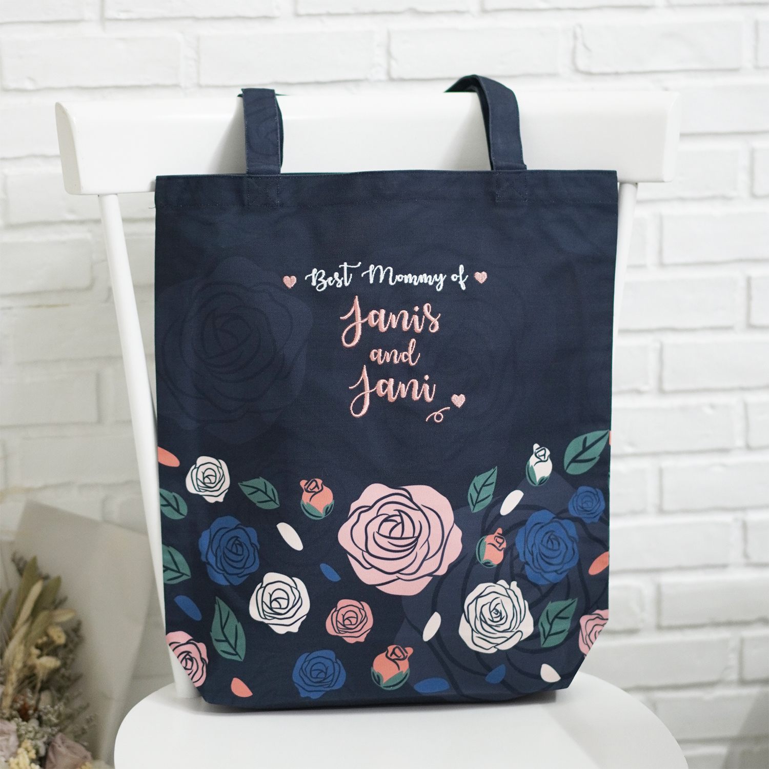 กระเป๋าผ้าแคนวาส ปักชื่อ ลาย Rose - Navy