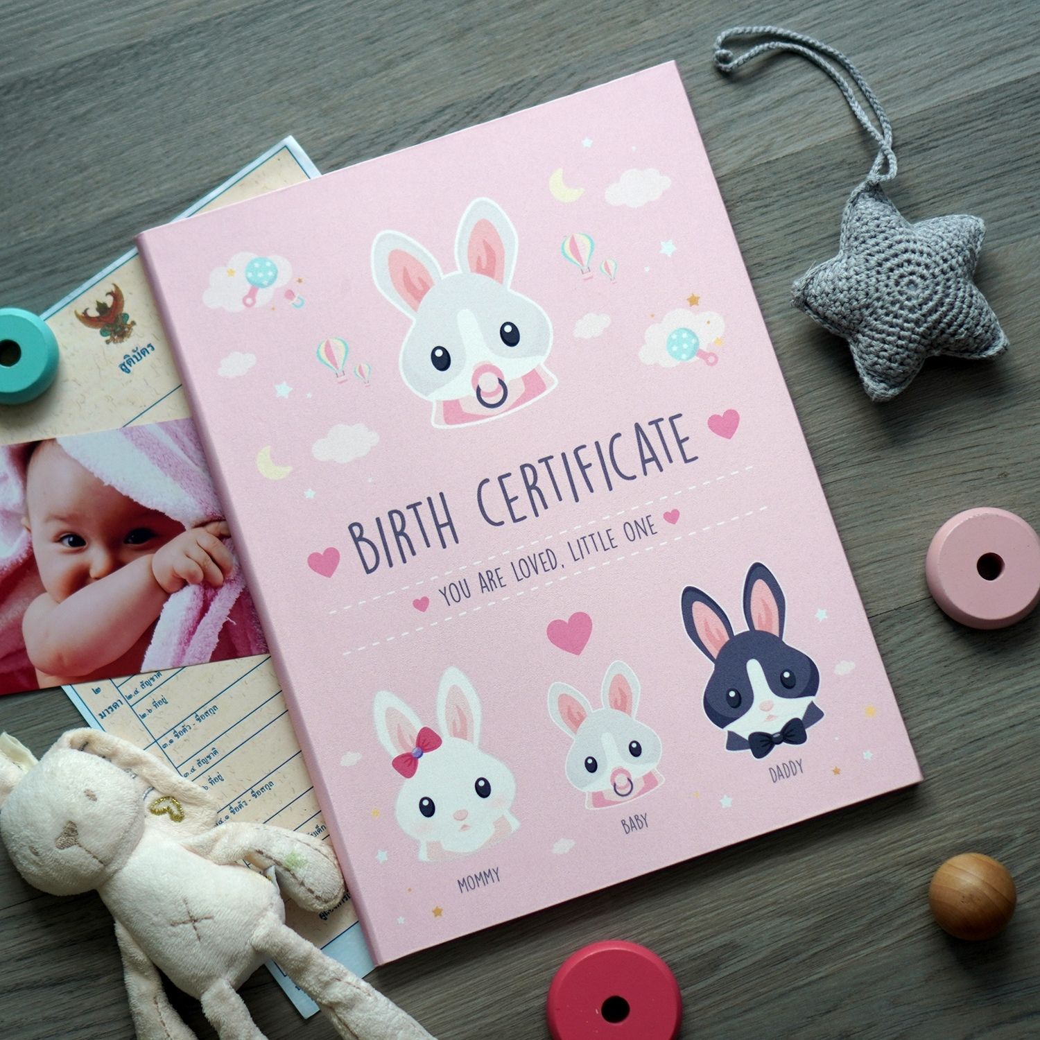 แฟ้มใส่สูติบัตร แบบพร้อมส่ง ลาย Rabbit - Pink