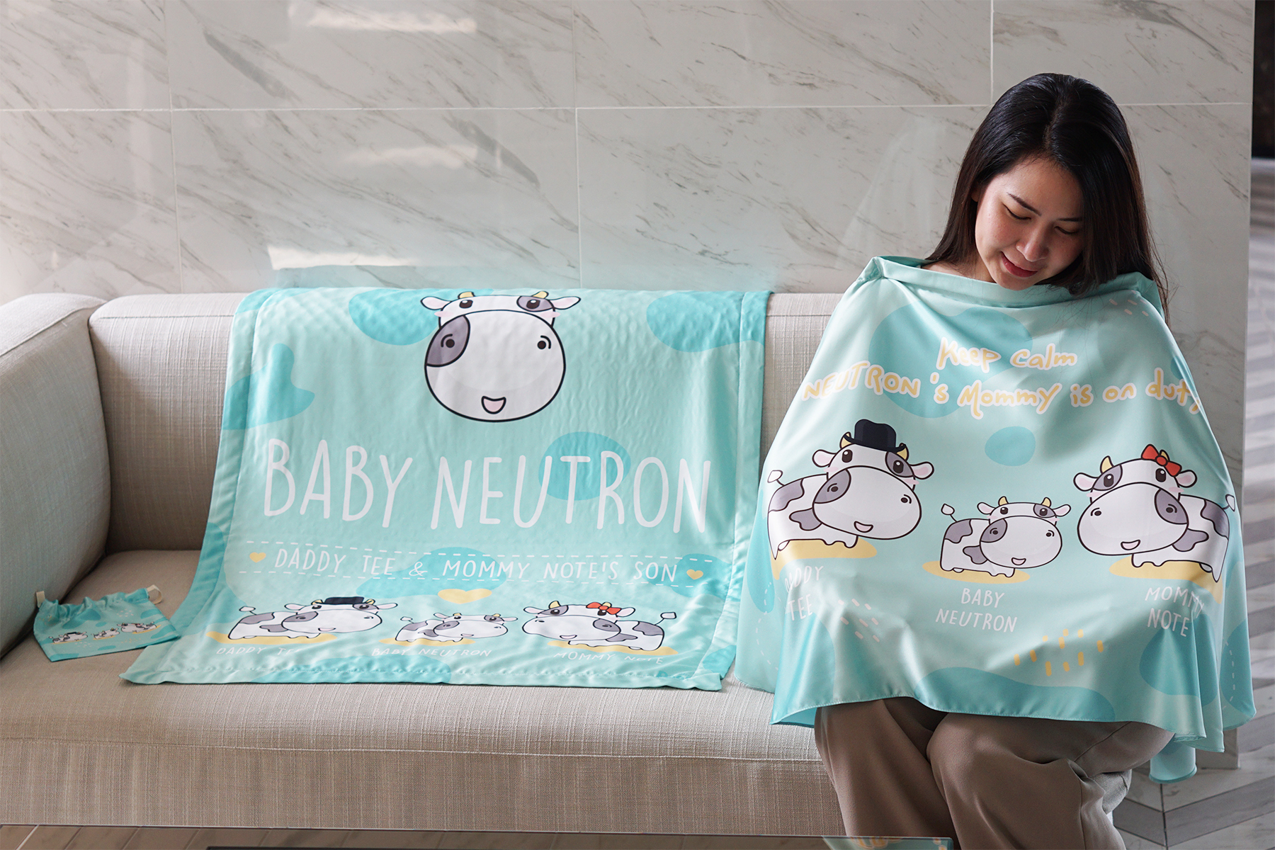 ชุดของขวัญเด็กแรกเกิด ผ้าคลุมให้นม + ผ้าห่มขนาด 75x100cm ลาย Cow1 - Mint