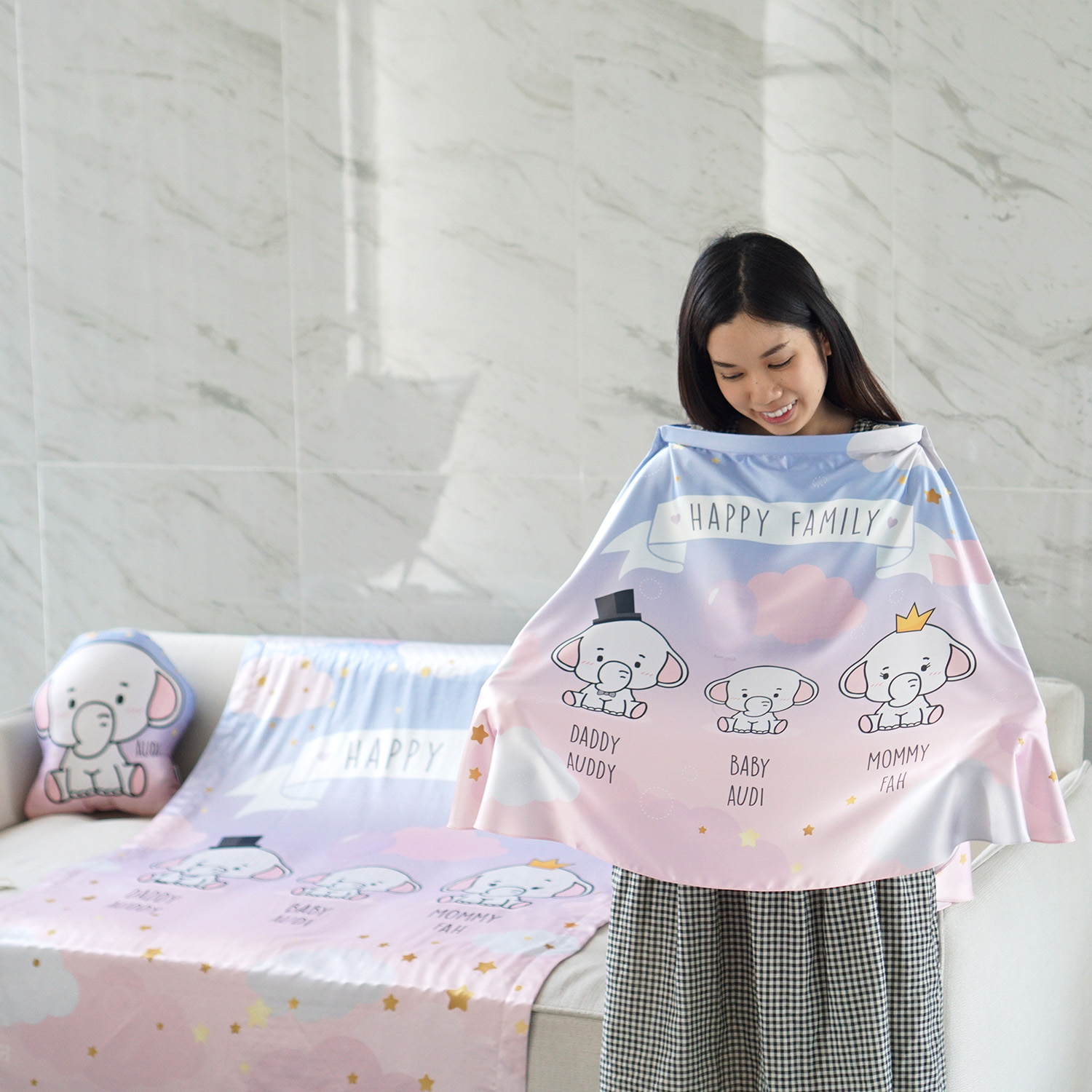 ชุดของขวัญเด็กแรกเกิด ผ้าคลุมให้นม + ผ้าห่มขนาด 100x150cm + หมอนอิง 1 ใบ ลาย Elephant - Blue Pink