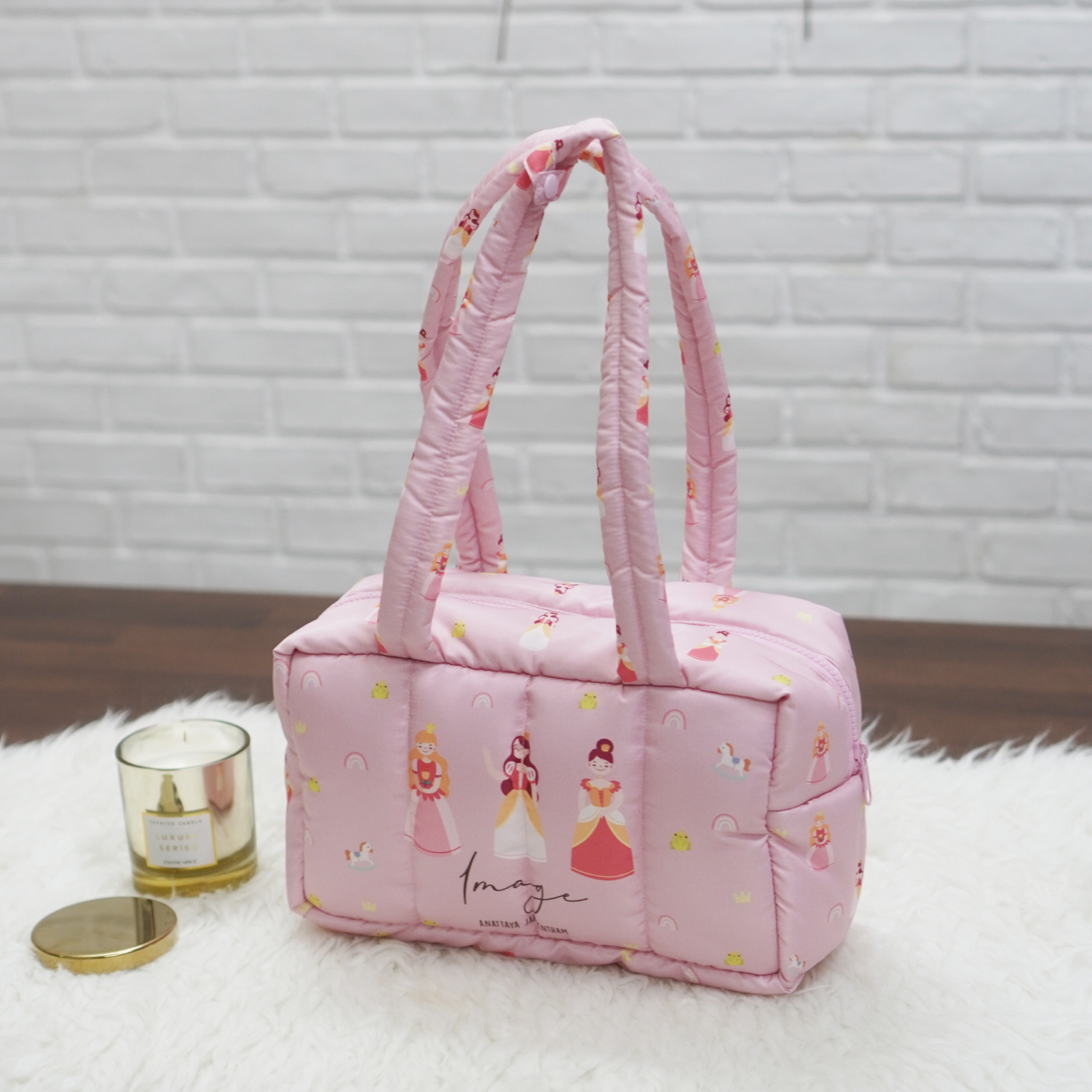 Fluffy Bowling Bag กระเป๋านุ่มนิ่ม ทรง Bowling สั่งทำใส่ข้อความ ลาย Princess - Pink