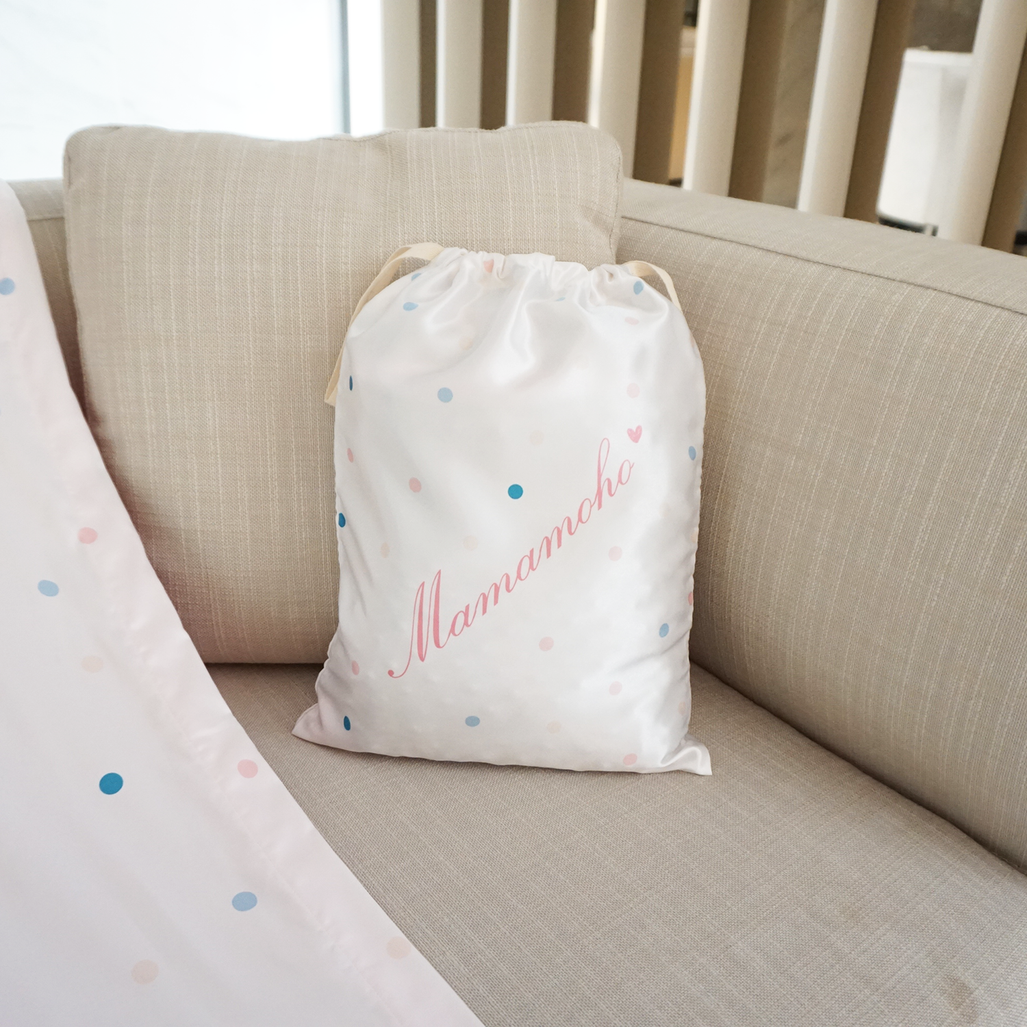ถุงผ้าซาติน ไซส์ L สั่งทำใส่ชื่อ - Mini dot - White