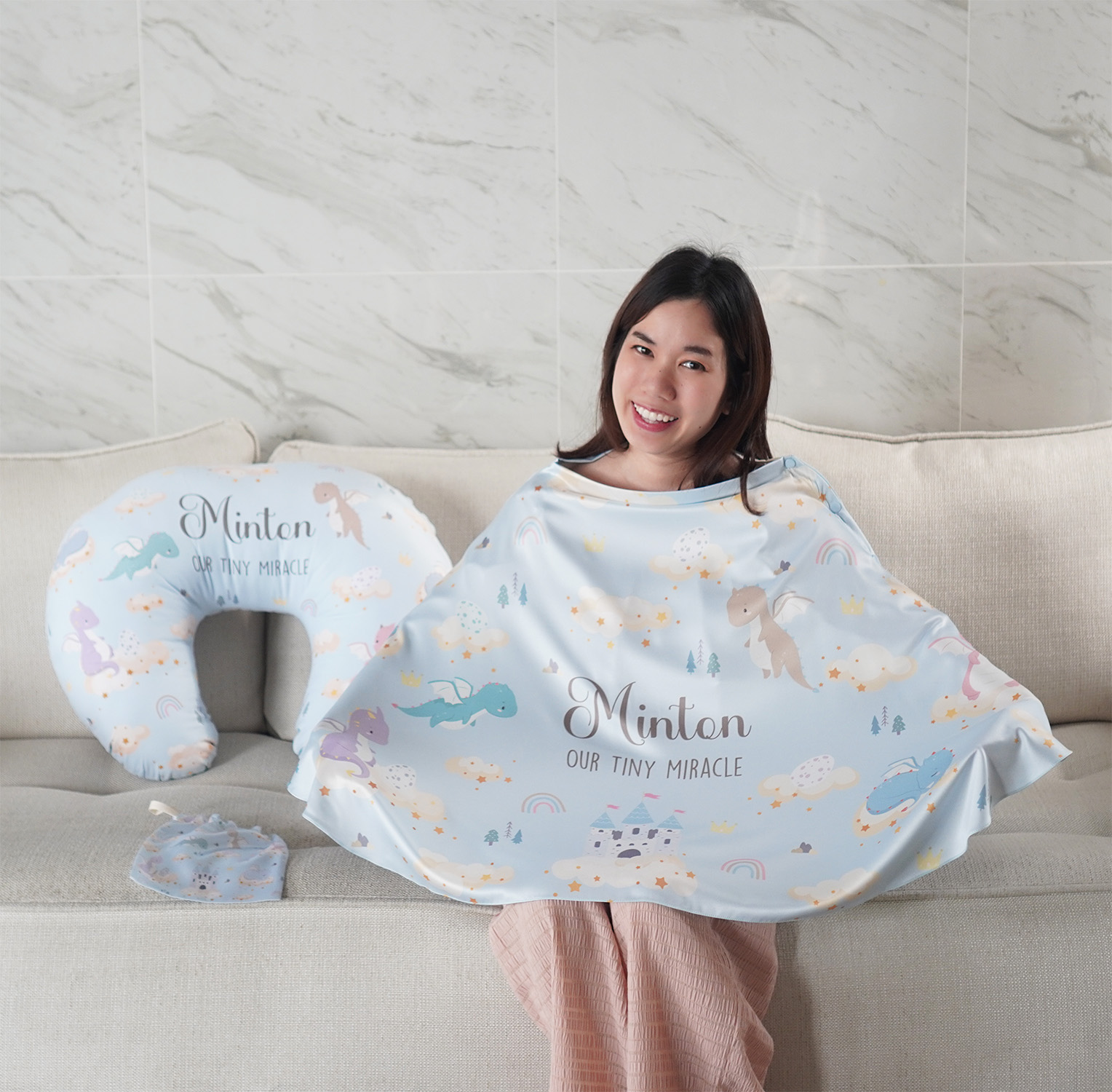 ชุดของขวัญเด็กแรกเกิด NP2 ผ้าคลุมให้นม รุ่น 3in1 + หมอนรองให้นม ลาย Dragon - Blue