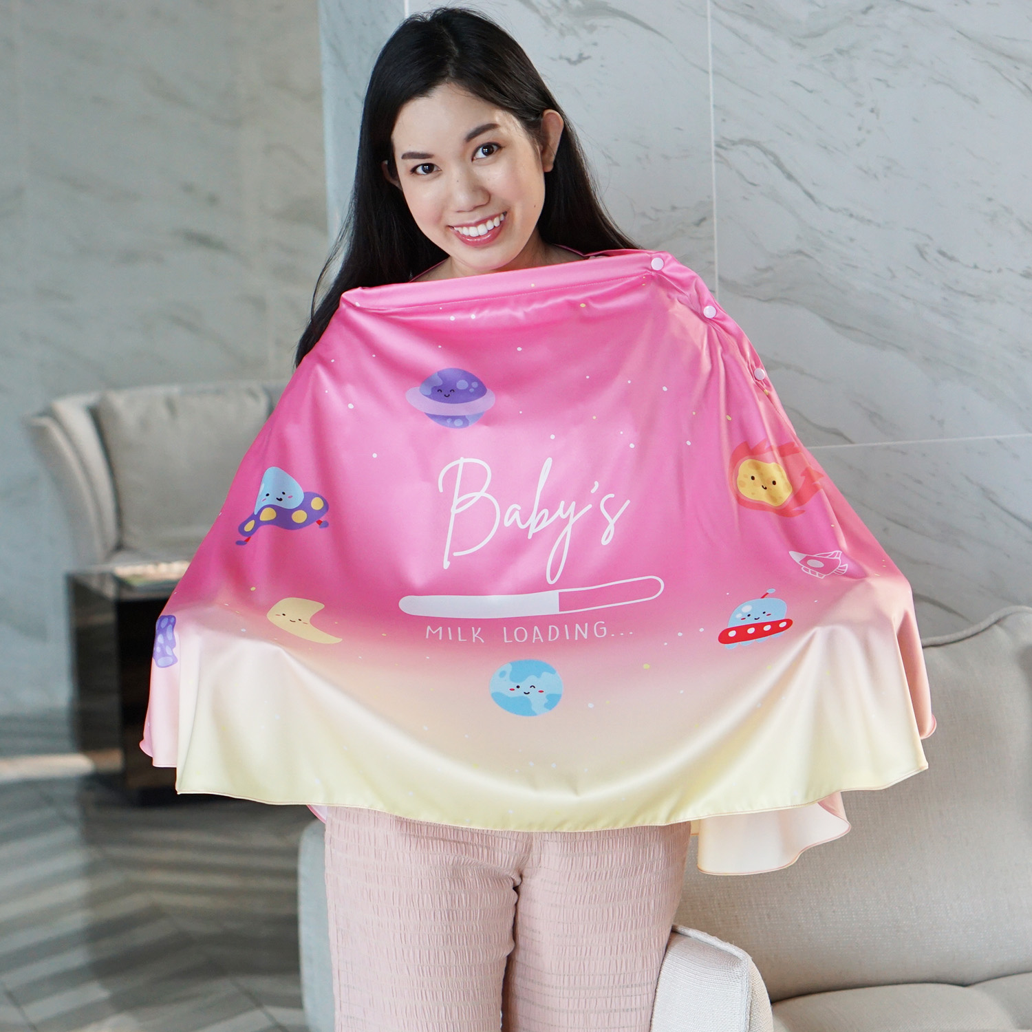 ผ้าคลุมให้นม (รุ่นมีกระดุม ถอดโครงได้) พร้อมส่ง ลาย Planet and Friends - Pink Yellow