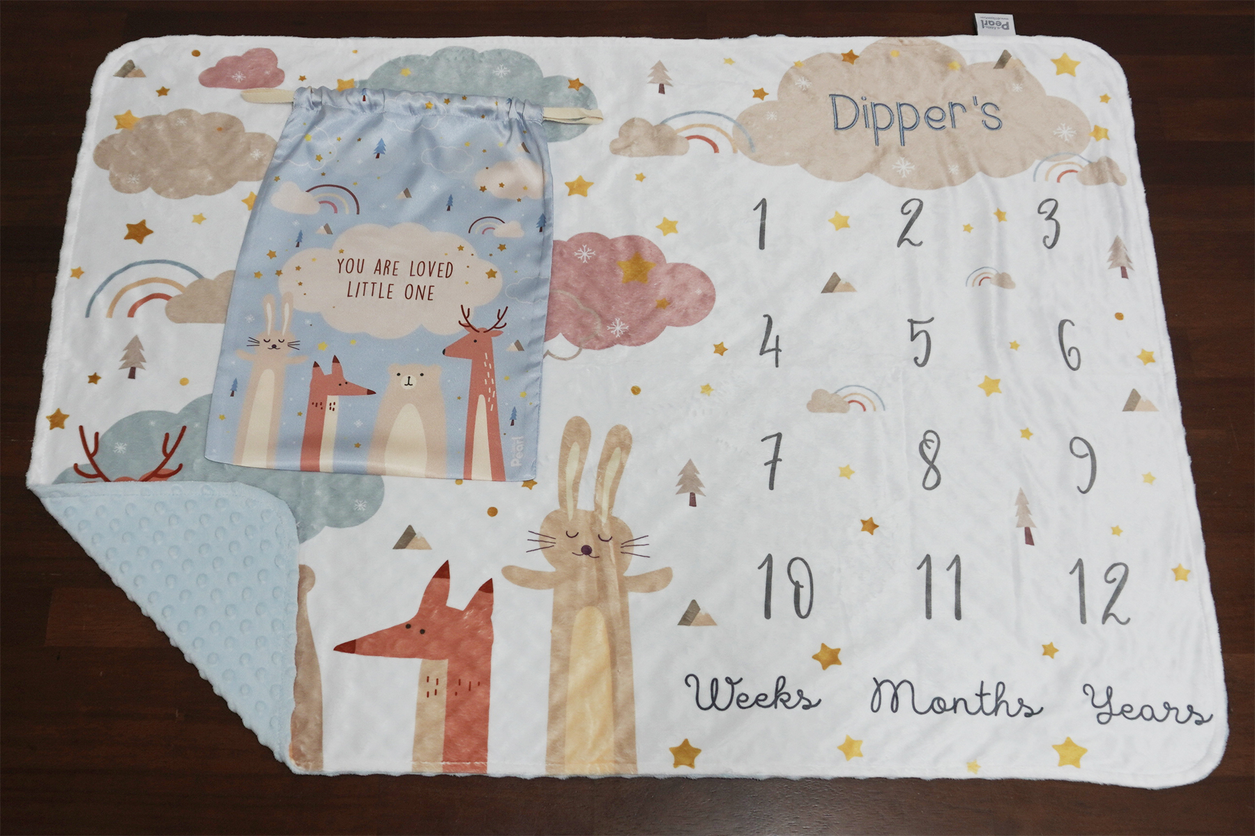 ผ้าห่ม Minky ลาย Woodland - Milestone 75x100cm แบบปักชื่อ ด้านหลังสีฟ้า