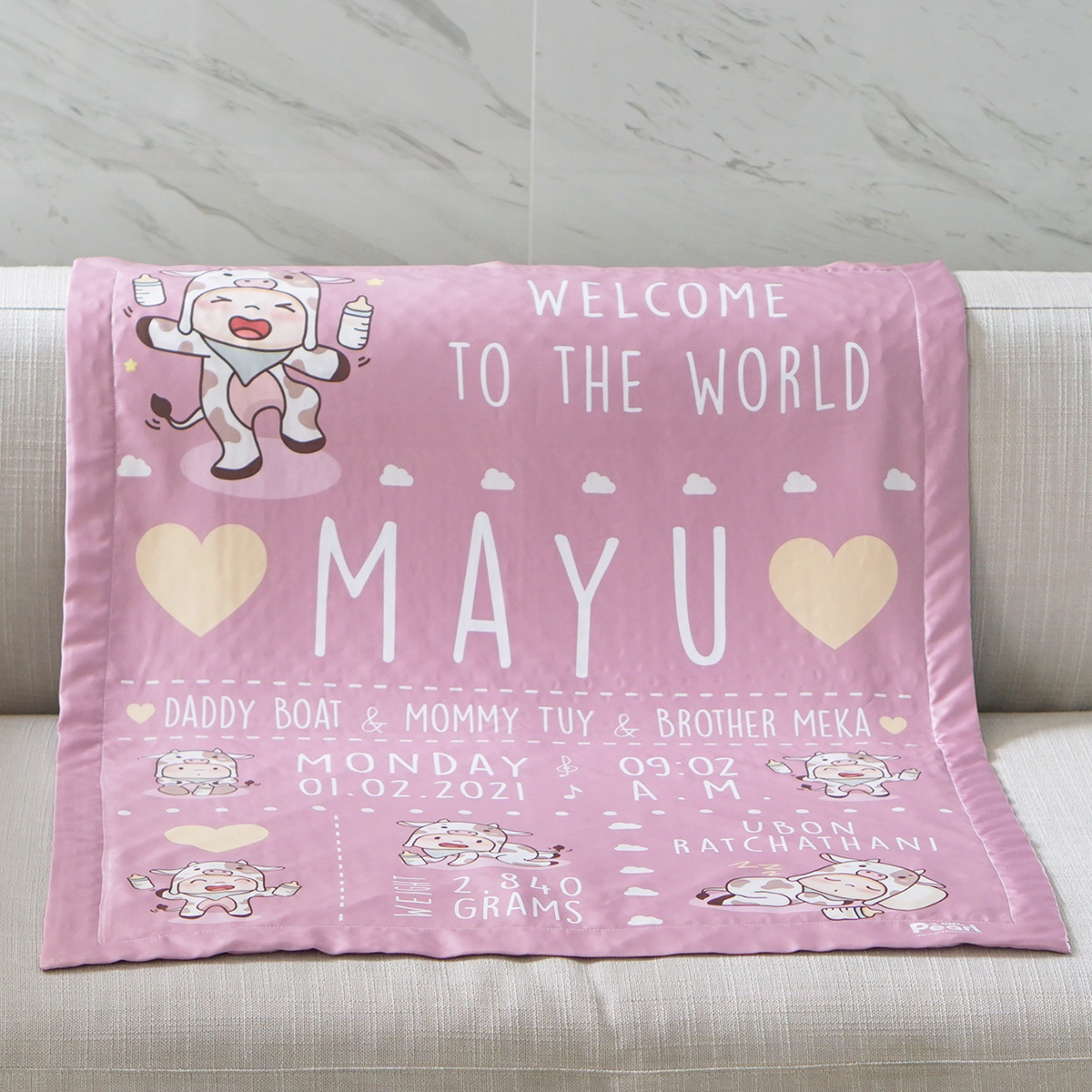 ผ้าห่มเด็ก ใส่ประวัติแรกเกิด ลาย Cow2 - Pink