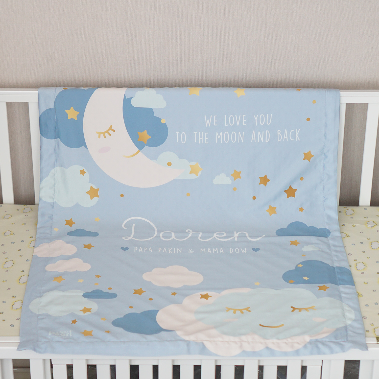 ผ้าห่ม สั่งทำใส่ชื่อ ลาย Moon - Blue