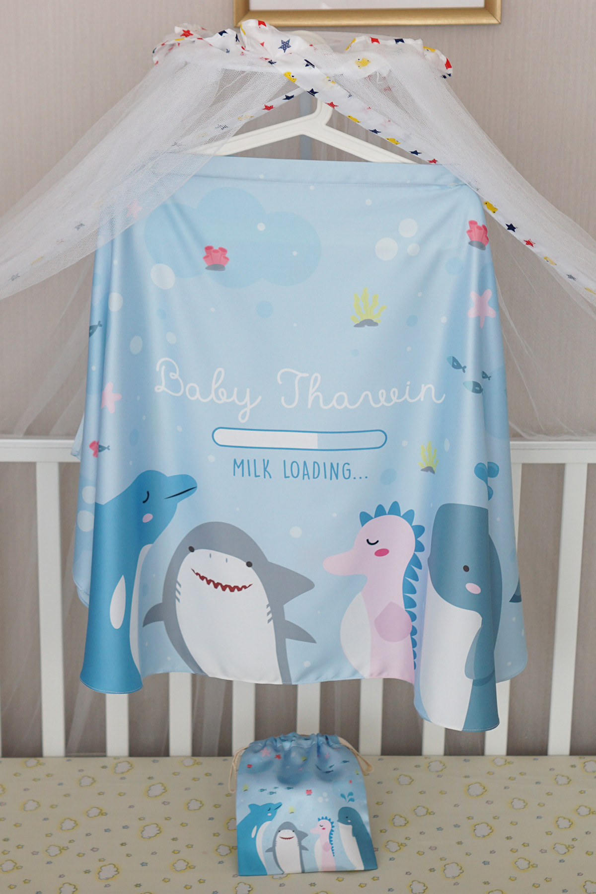 ผ้าคลุมให้นม สั่งทำใส่ชือ ลาย Sea Party - Blue